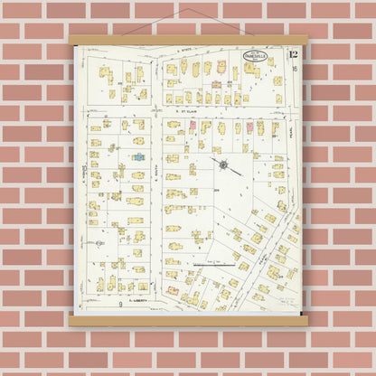 Old map wall art mockup — magnetic wood frame on brick wall — Sanborn Fire Insurance Map from Painesville, Lake County, Ohio (1911), Sheet #0012