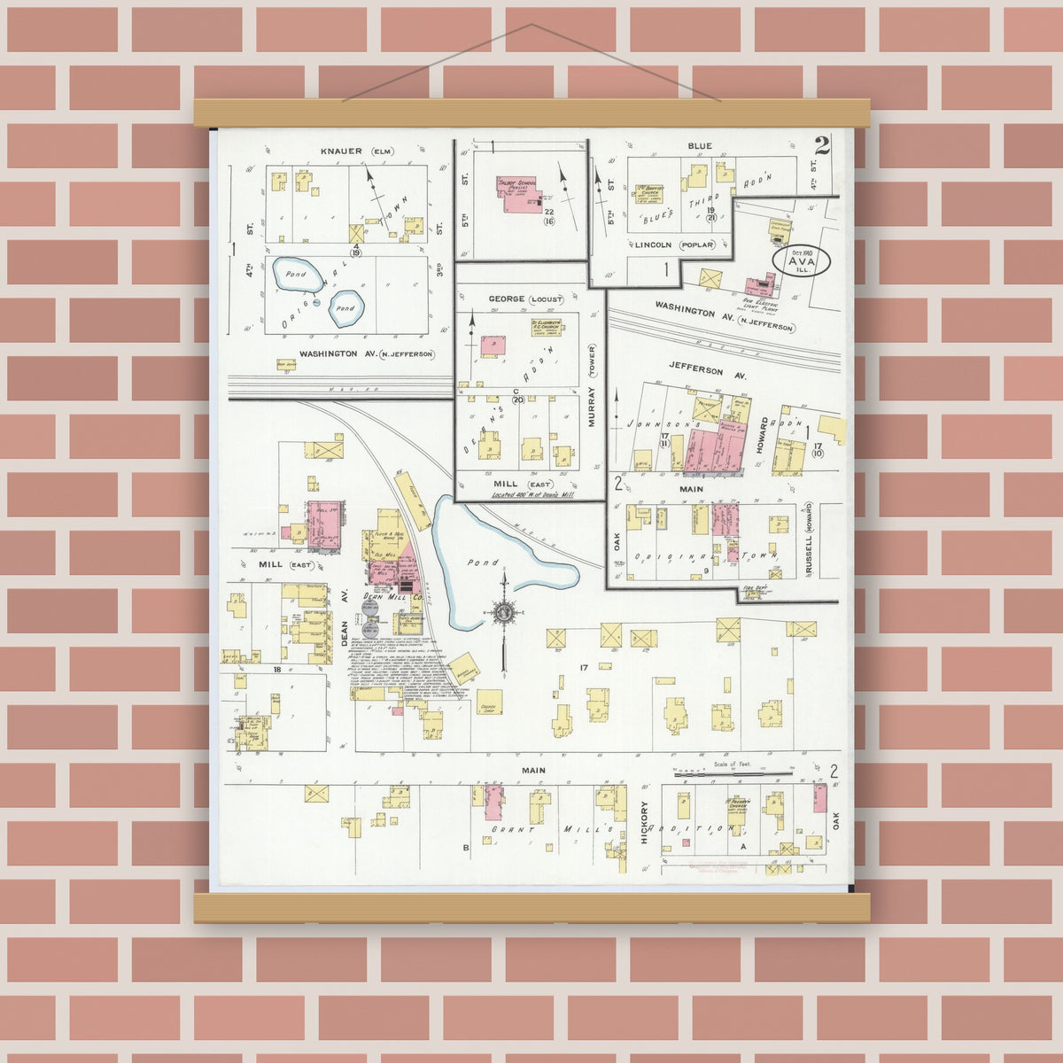 Old map wall art mockup — magnetic wood frame on brick wall — Sanborn Fire Insurance Map from Ava, Jackson County, Illinois (1910), Sheet #0002