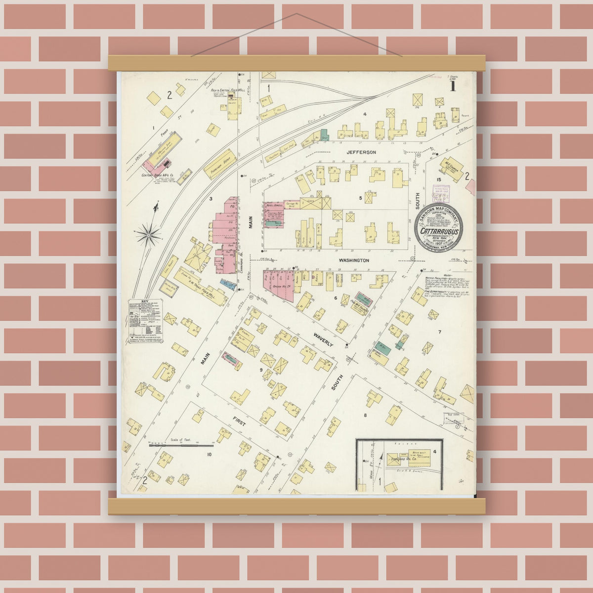 Old map wall art mockup — magnetic wood frame on brick wall — Sanborn Fire Insurance Map from Cattaraugus, Cattaraugus County, New York (1907) - Complete Map Set