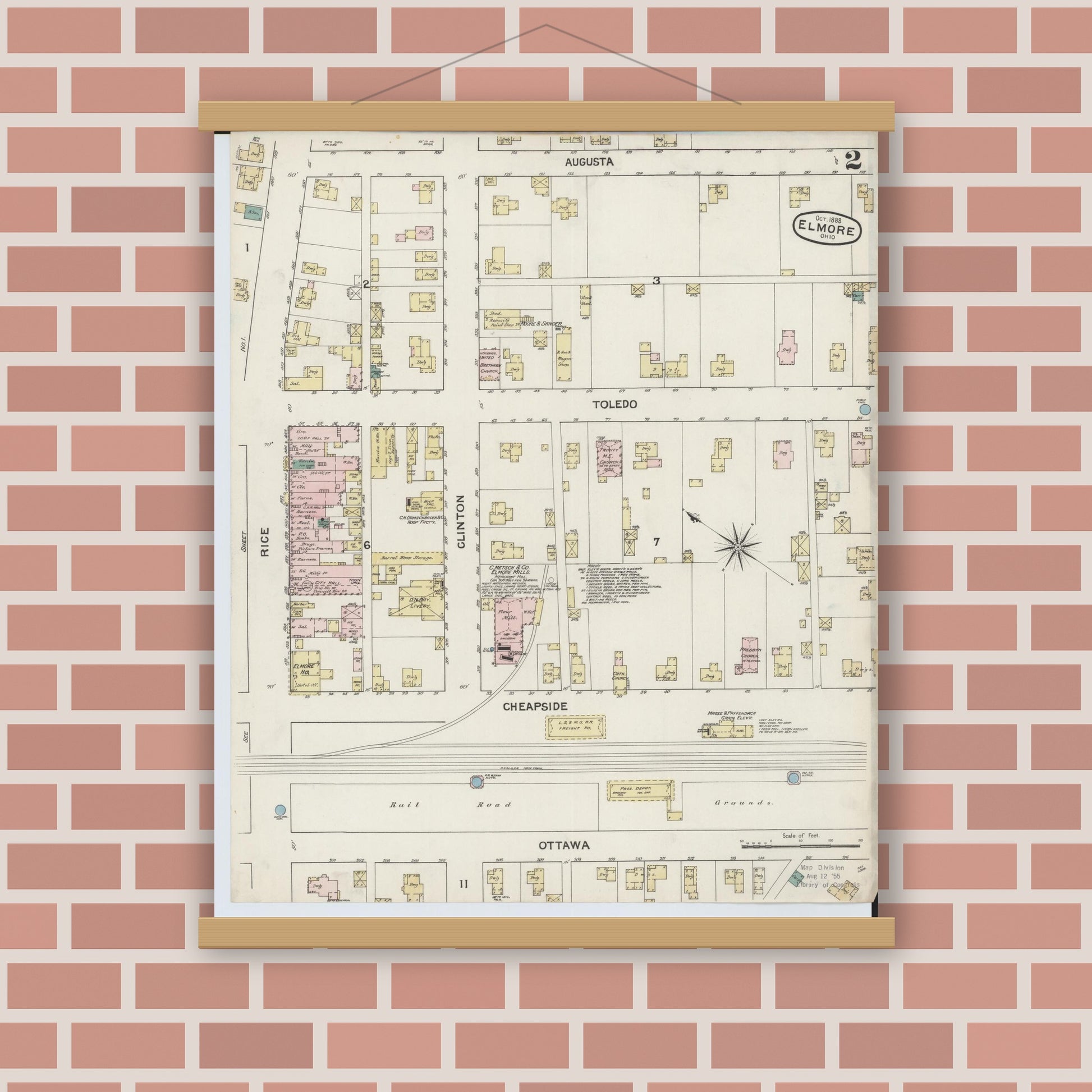 Old map wall art mockup — magnetic wood frame on brick wall — Sanborn Fire Insurance Map from Elmore, Ottawa County, Ohio (1888), Sheet #0002