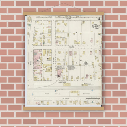 Old map wall art mockup — magnetic wood frame on brick wall — Sanborn Fire Insurance Map from Elmore, Ottawa County, Ohio (1888), Sheet #0002