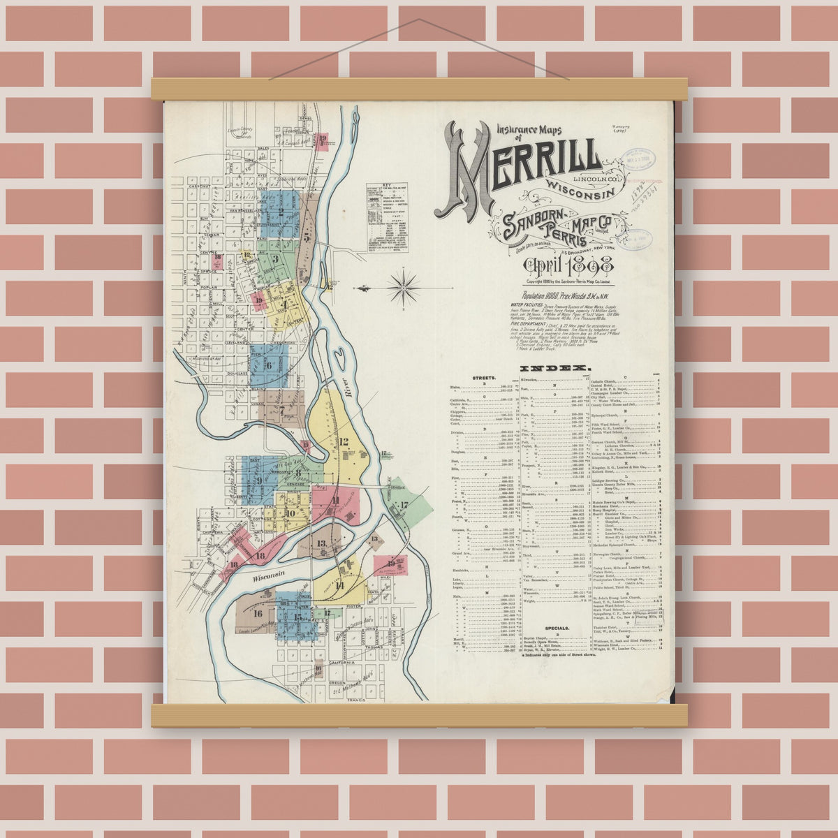 Old map wall art mockup — magnetic wood frame on brick wall — Sanborn Fire Insurance Map from Merrill, Lincoln County, Wisconsin (1898) - Complete Map Set