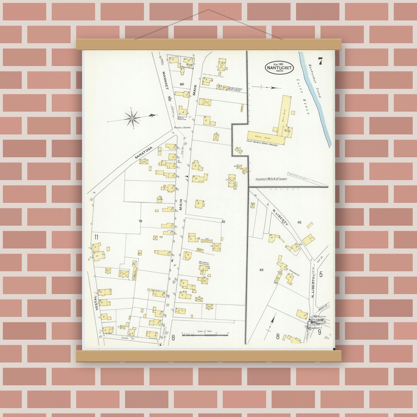 Old map wall art mockup — magnetic wood frame on brick wall — Sanborn Fire Insurance Map from Nantucket, Nantucket County, Massachusetts (1909), Sheet #0007