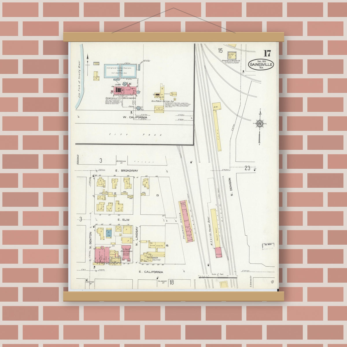 Old map wall art mockup — magnetic wood frame on brick wall — Sanborn Fire Insurance Map from Gainesville, Cooke County, Texas (1913), Sheet #0017