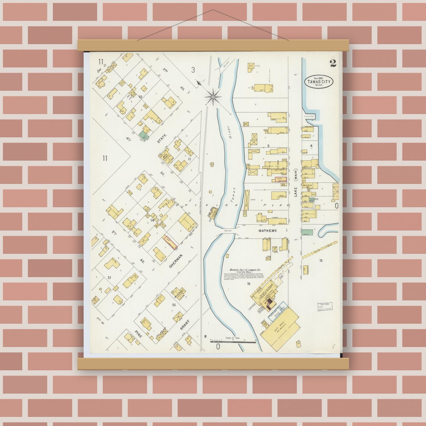 Old map wall art mockup — magnetic wood frame on brick wall — Sanborn Fire Insurance Map from Tawas City, Iosco County, Michigan (1898), Sheet #0002