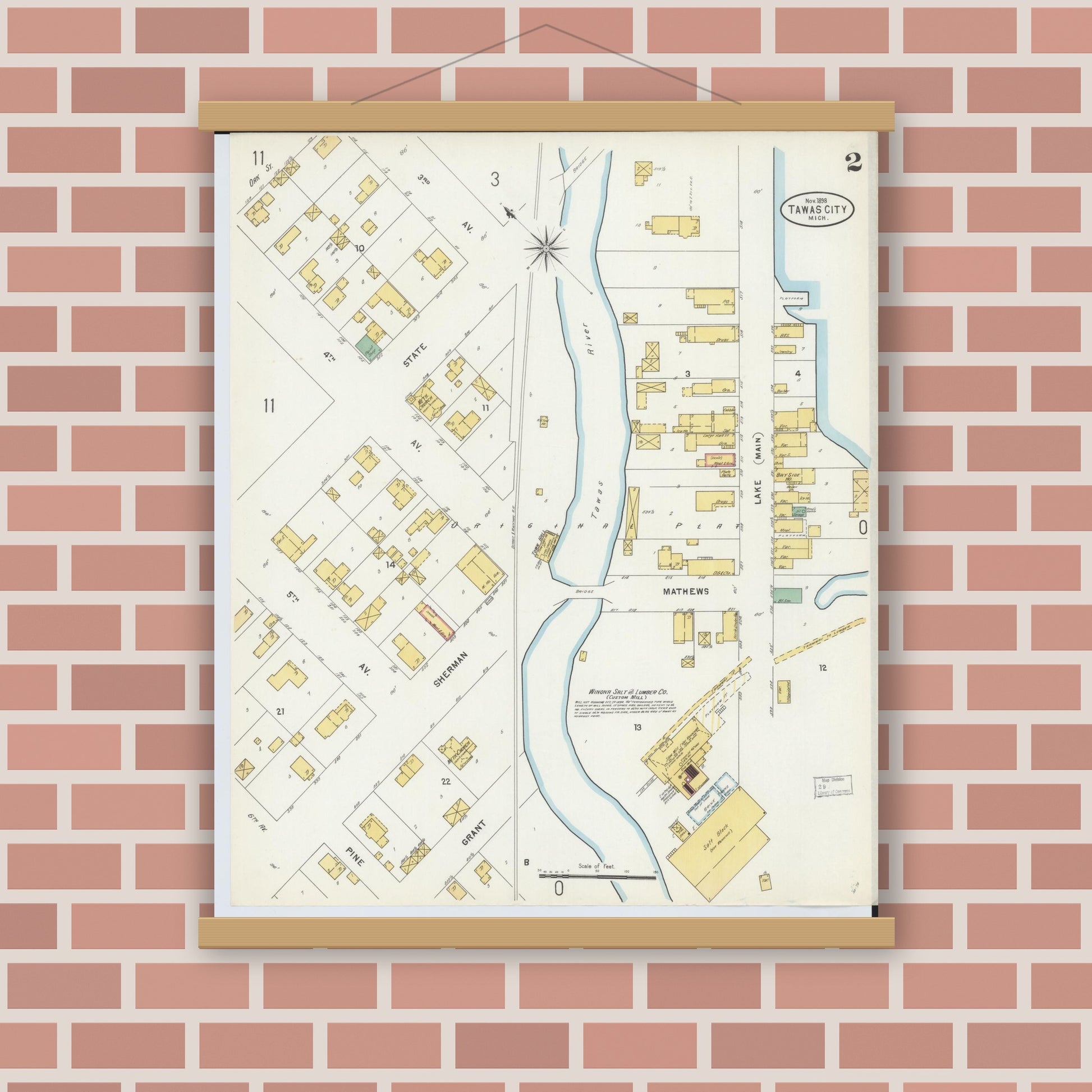 Old map wall art mockup — magnetic wood frame on brick wall — Sanborn Fire Insurance Map from Tawas City, Iosco County, Michigan (1898), Sheet #0002
