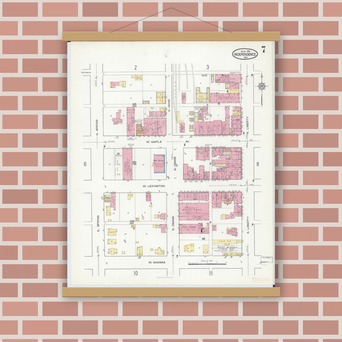 Old map wall art mockup — magnetic wood frame on brick wall — Sanborn Fire Insurance Map from Independence, Jackson County, Missouri (1916), Sheet #0007