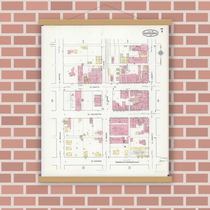 Old map wall art mockup — magnetic wood frame on brick wall — Sanborn Fire Insurance Map from Independence, Jackson County, Missouri (1916), Sheet #0007