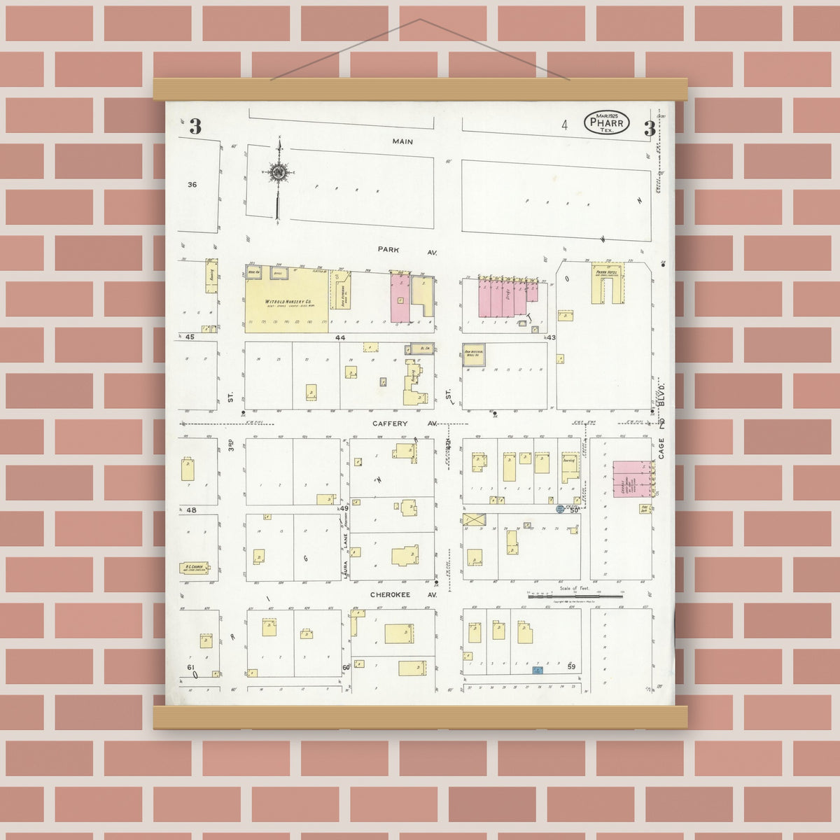Old map wall art mockup — magnetic wood frame on brick wall — Sanborn Fire Insurance Map from Pharr, Hidalgo County, Texas (1925), Sheet #0003