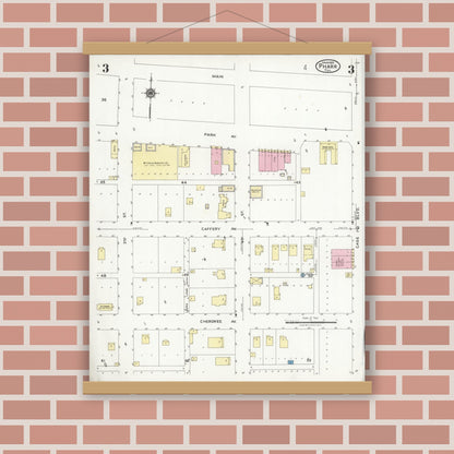 Old map wall art mockup — magnetic wood frame on brick wall — Sanborn Fire Insurance Map from Pharr, Hidalgo County, Texas (1925), Sheet #0003