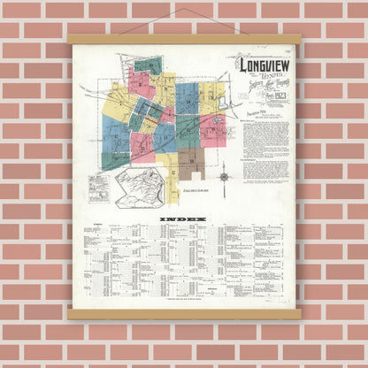 Old map wall art mockup — magnetic wood frame on brick wall — Sanborn Fire Insurance Map from Longview, Gregg County, Texas (1923), Sheet #0001