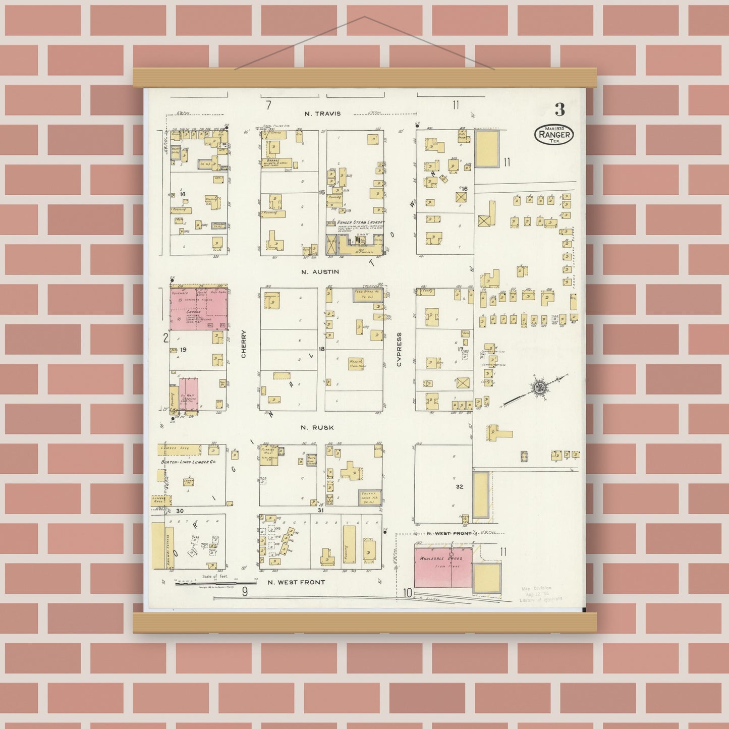 Old map wall art mockup — magnetic wood frame on brick wall — Sanborn Fire Insurance Map from Ranger, Eastland County, Texas (1920), Sheet #0003