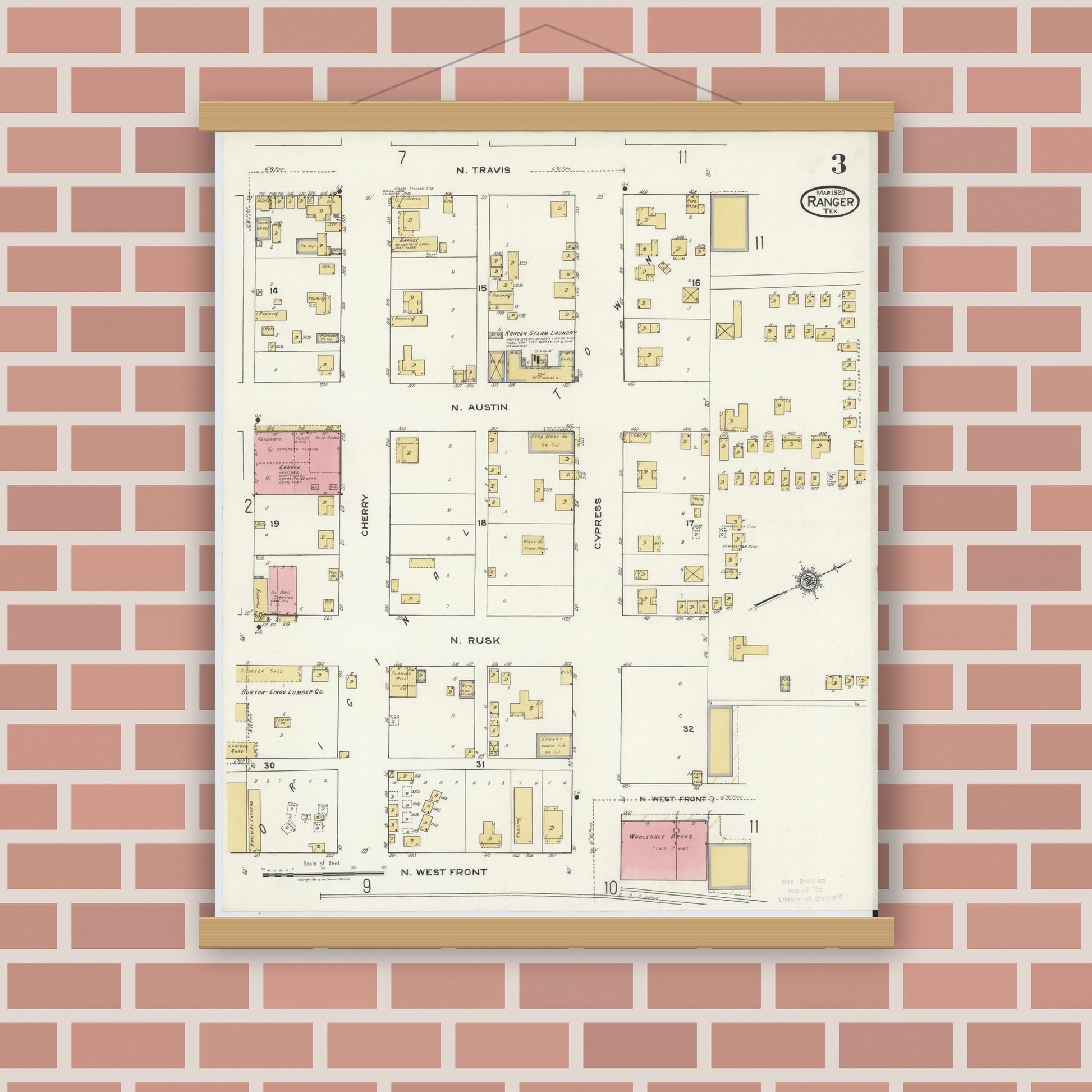 Old map wall art mockup — magnetic wood frame on brick wall — Sanborn Fire Insurance Map from Ranger, Eastland County, Texas (1920), Sheet #0003