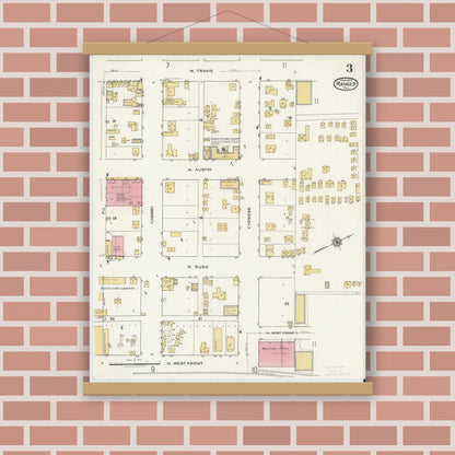 Old map wall art mockup — magnetic wood frame on brick wall — Sanborn Fire Insurance Map from Ranger, Eastland County, Texas (1920), Sheet #0003