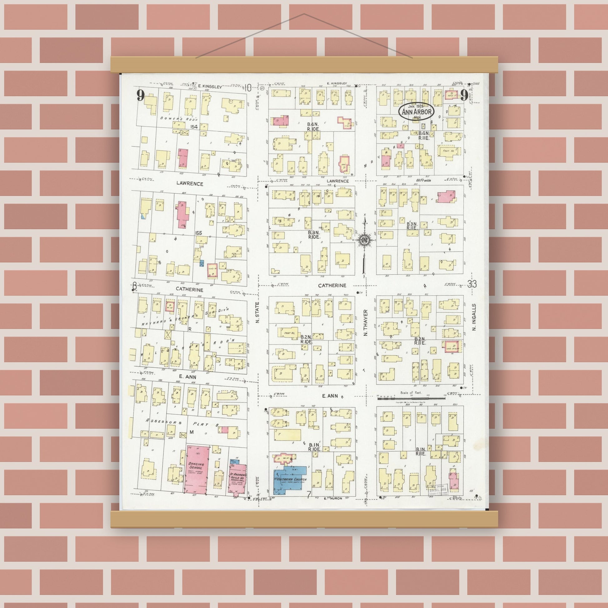 Old map wall art mockup — magnetic wood frame on brick wall — Sanborn Fire Insurance Map from Ann Arbor, Washtenaw County, Michigan (1925), Sheet #0009