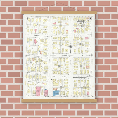 Old map wall art mockup — magnetic wood frame on brick wall — Sanborn Fire Insurance Map from Ann Arbor, Washtenaw County, Michigan (1925), Sheet #0009