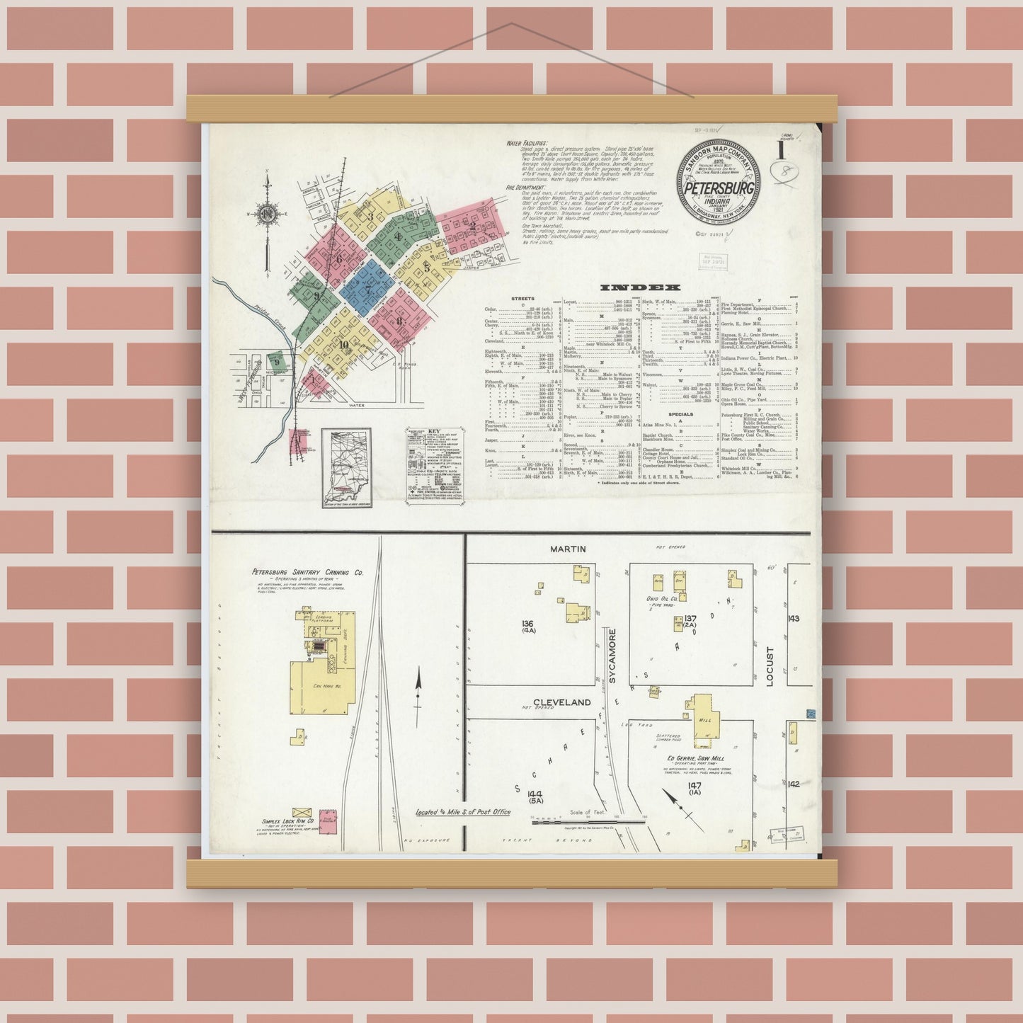 Old map wall art mockup — magnetic wood frame on brick wall — Sanborn Fire Insurance Map from Petersburg, Pike County, Indiana (1921) - Complete Map Set