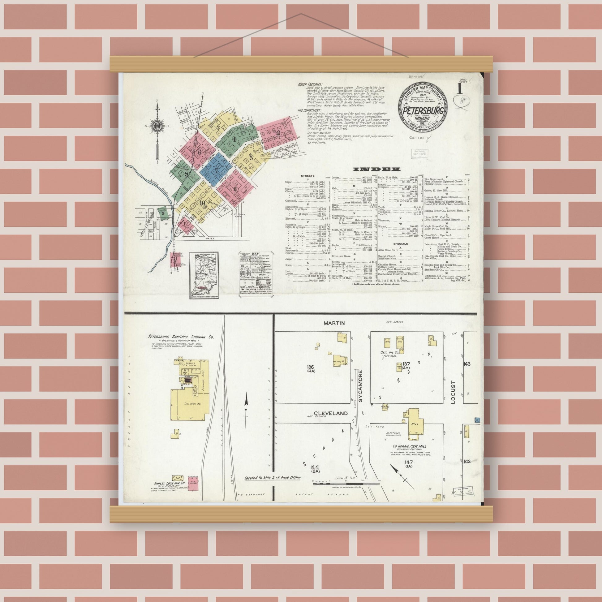 Old map wall art mockup — magnetic wood frame on brick wall — Sanborn Fire Insurance Map from Petersburg, Pike County, Indiana (1921) - Complete Map Set