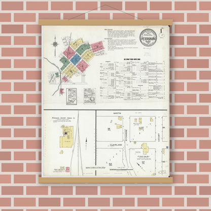 Old map wall art mockup — magnetic wood frame on brick wall — Sanborn Fire Insurance Map from Petersburg, Pike County, Indiana (1921) - Complete Map Set