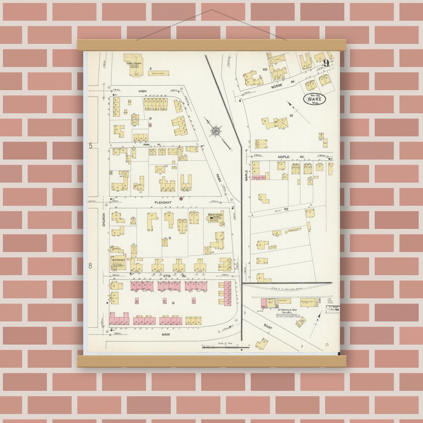 Old map wall art mockup — magnetic wood frame on brick wall — Sanborn Fire Insurance Map from Ware, Hampshire County, Massachusetts (1912), Sheet #0009