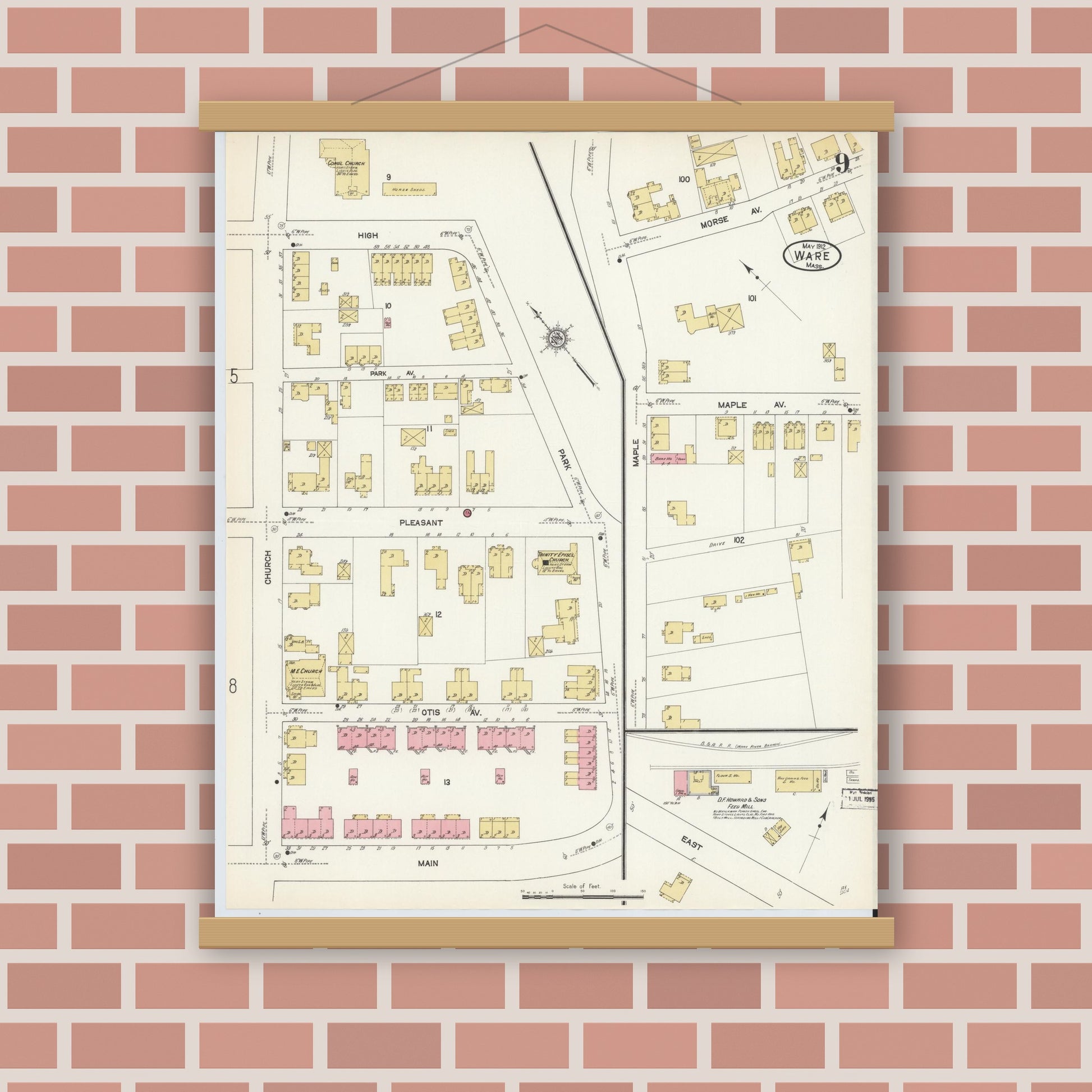 Old map wall art mockup — magnetic wood frame on brick wall — Sanborn Fire Insurance Map from Ware, Hampshire County, Massachusetts (1912), Sheet #0009