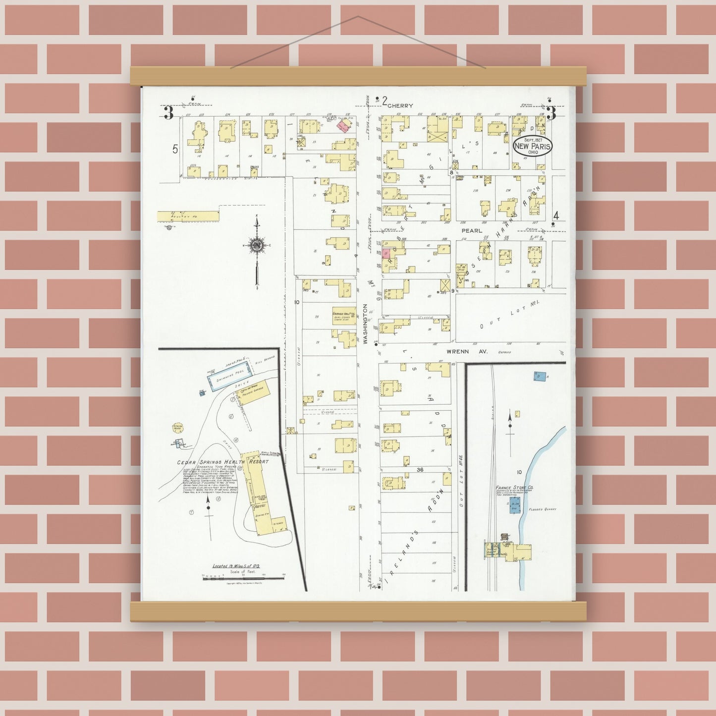 Old map wall art mockup — magnetic wood frame on brick wall — Sanborn Fire Insurance Map from New Paris, Preble County, Ohio (1927), Sheet #0003