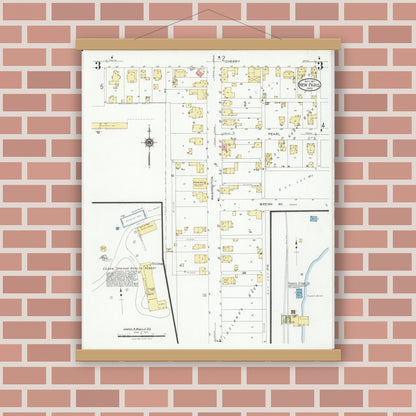 Old map wall art mockup — magnetic wood frame on brick wall — Sanborn Fire Insurance Map from New Paris, Preble County, Ohio (1927), Sheet #0003