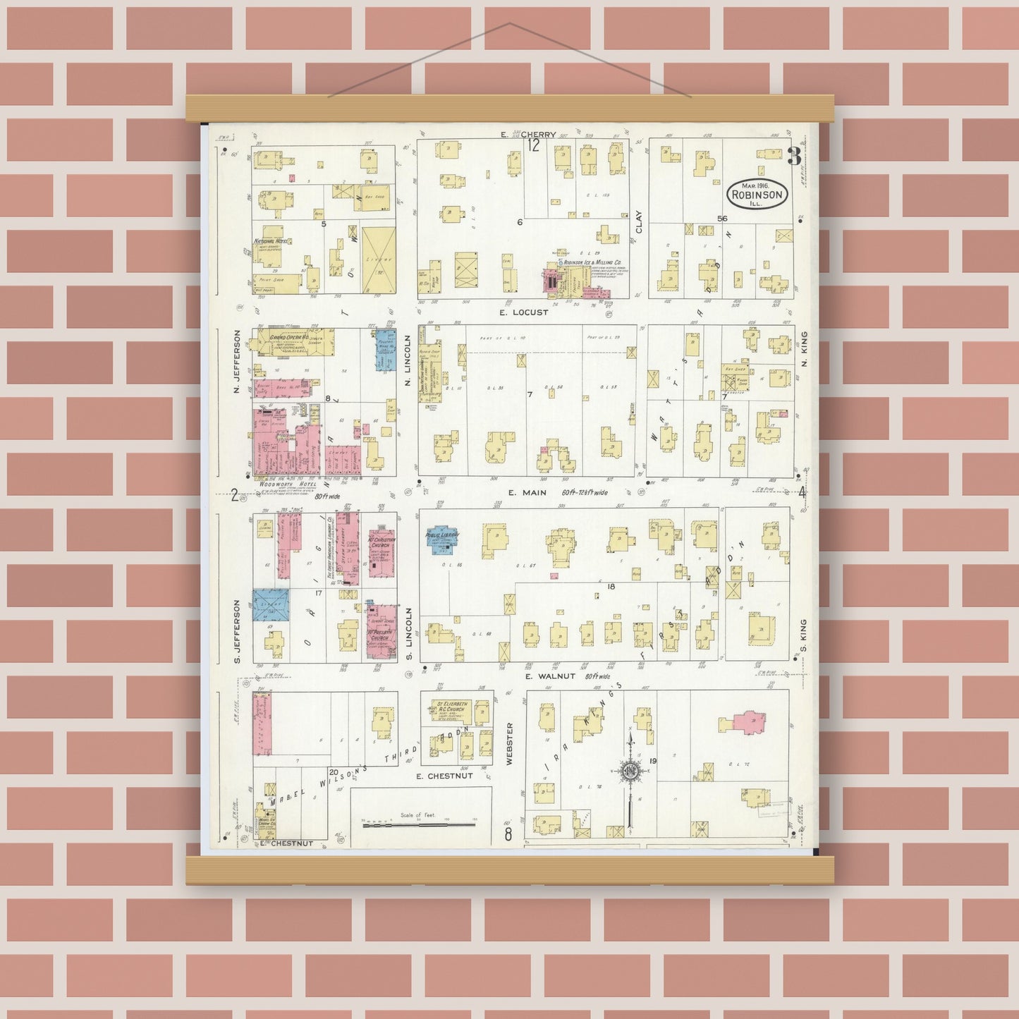 Old map wall art mockup — magnetic wood frame on brick wall — Sanborn Fire Insurance Map from Robinson, Crawford County, Illinois (1916), Sheet #0003