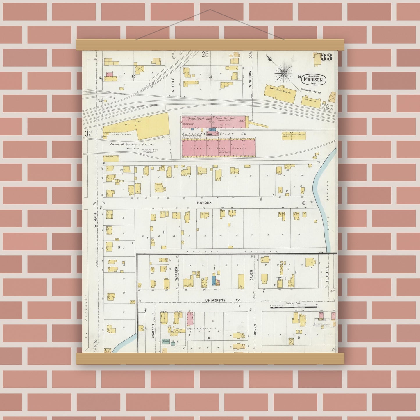 Old map wall art mockup — magnetic wood frame on brick wall — Sanborn Fire Insurance Map from Madison, Dane County, Wisconsin (1902), Sheet #0033