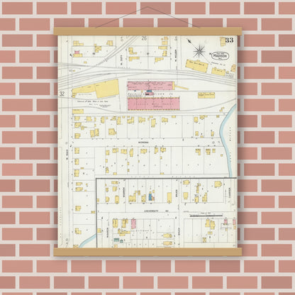 Old map wall art mockup — magnetic wood frame on brick wall — Sanborn Fire Insurance Map from Madison, Dane County, Wisconsin (1902), Sheet #0033