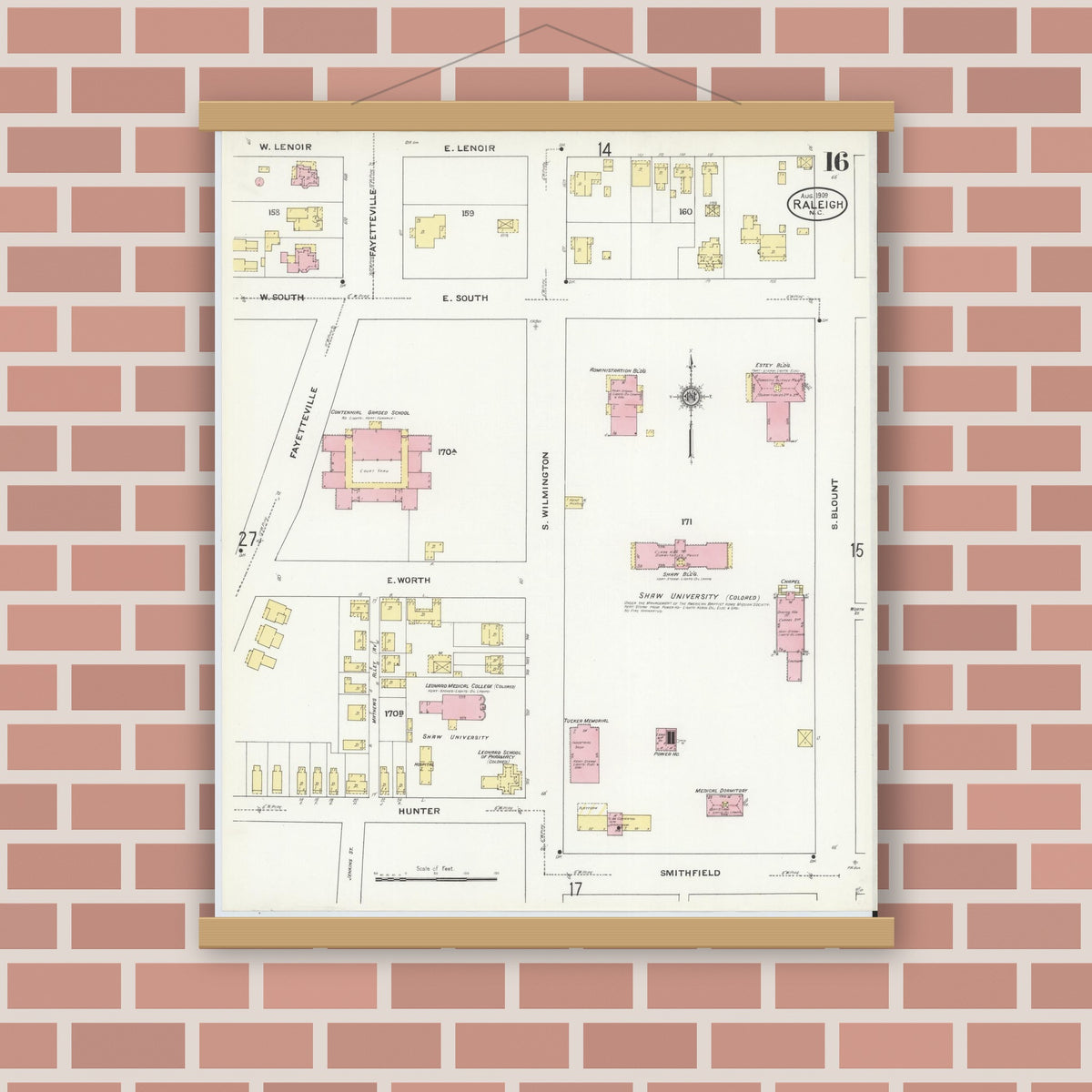 Old map wall art mockup — magnetic wood frame on brick wall — Sanborn Fire Insurance Map from Raleigh, Wake County, North Carolina (1909), Sheet #0016