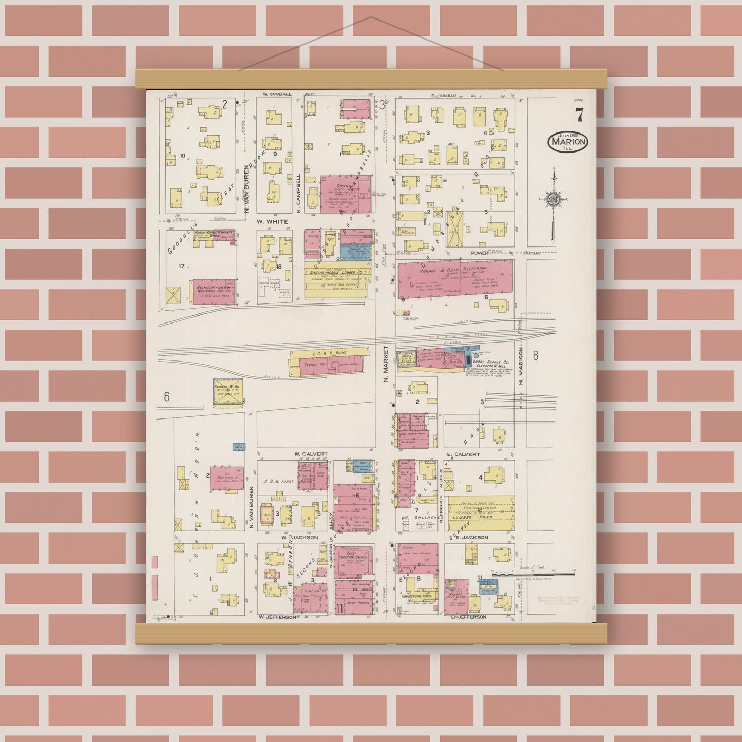 Old map wall art mockup — magnetic wood frame on brick wall — Sanborn Fire Insurance Map from Marion, Williamson County, Illinois (1922), Sheet #0007