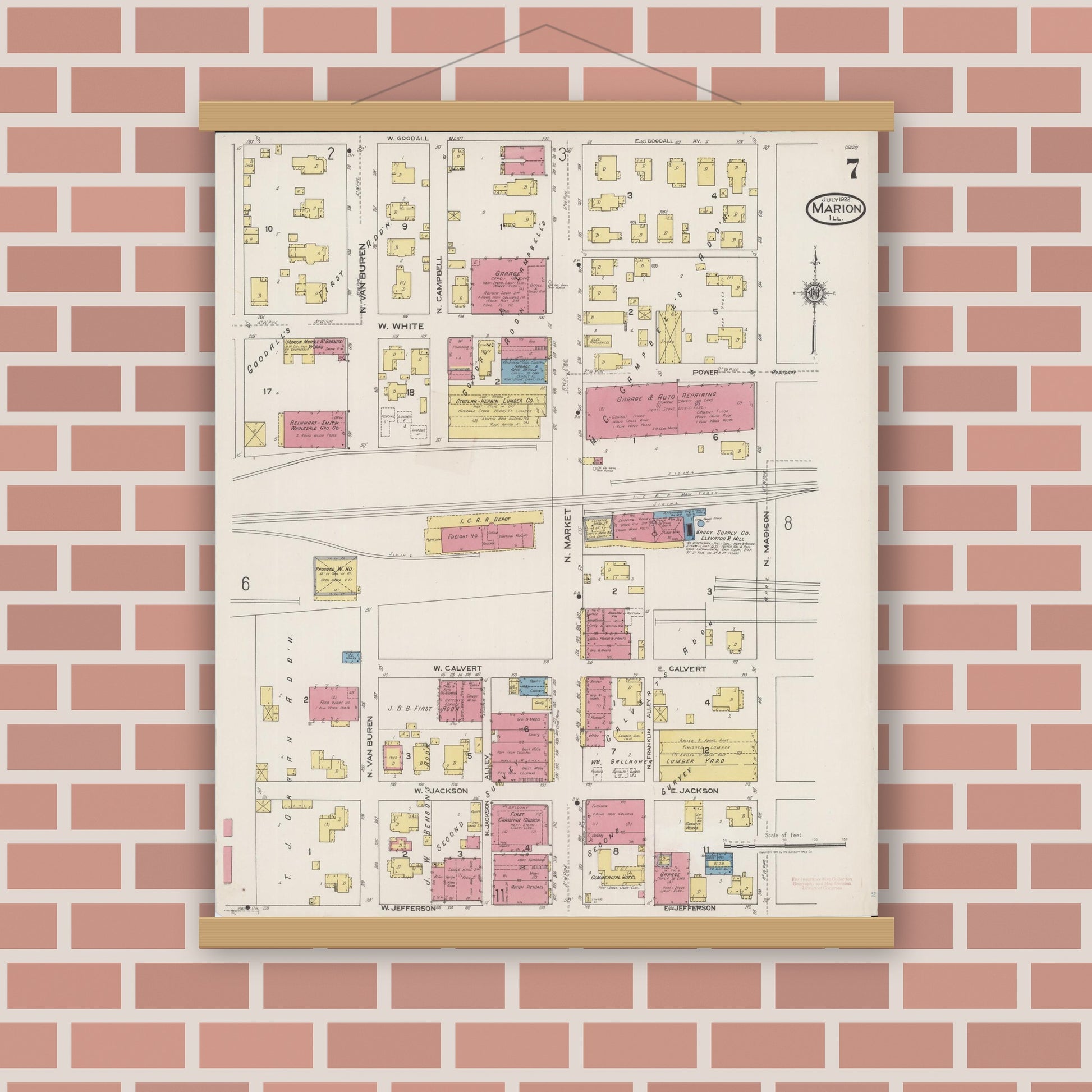 Old map wall art mockup — magnetic wood frame on brick wall — Sanborn Fire Insurance Map from Marion, Williamson County, Illinois (1922), Sheet #0007