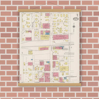 Old map wall art mockup — magnetic wood frame on brick wall — Sanborn Fire Insurance Map from Marion, Williamson County, Illinois (1922), Sheet #0007