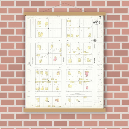 Old map wall art mockup — magnetic wood frame on brick wall — Sanborn Fire Insurance Map from Ackley, Hardin and Franklin Counties, Iowa (1911), Sheet #0007