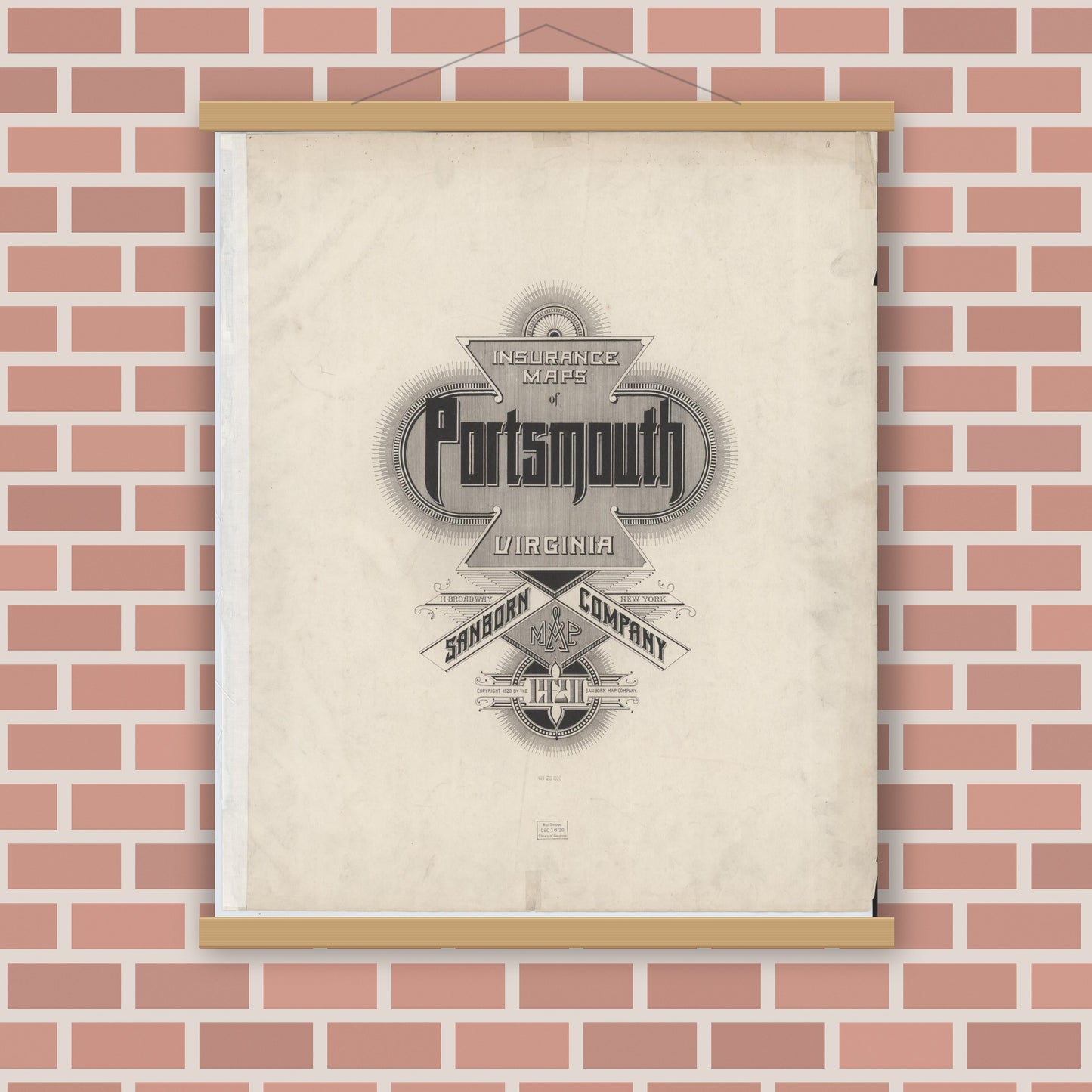 Old map wall art mockup — magnetic wood frame on brick wall — Sanborn Fire Insurance Map from Portsmouth, Independent Cities, Virginia (1920), Sheet #0001
