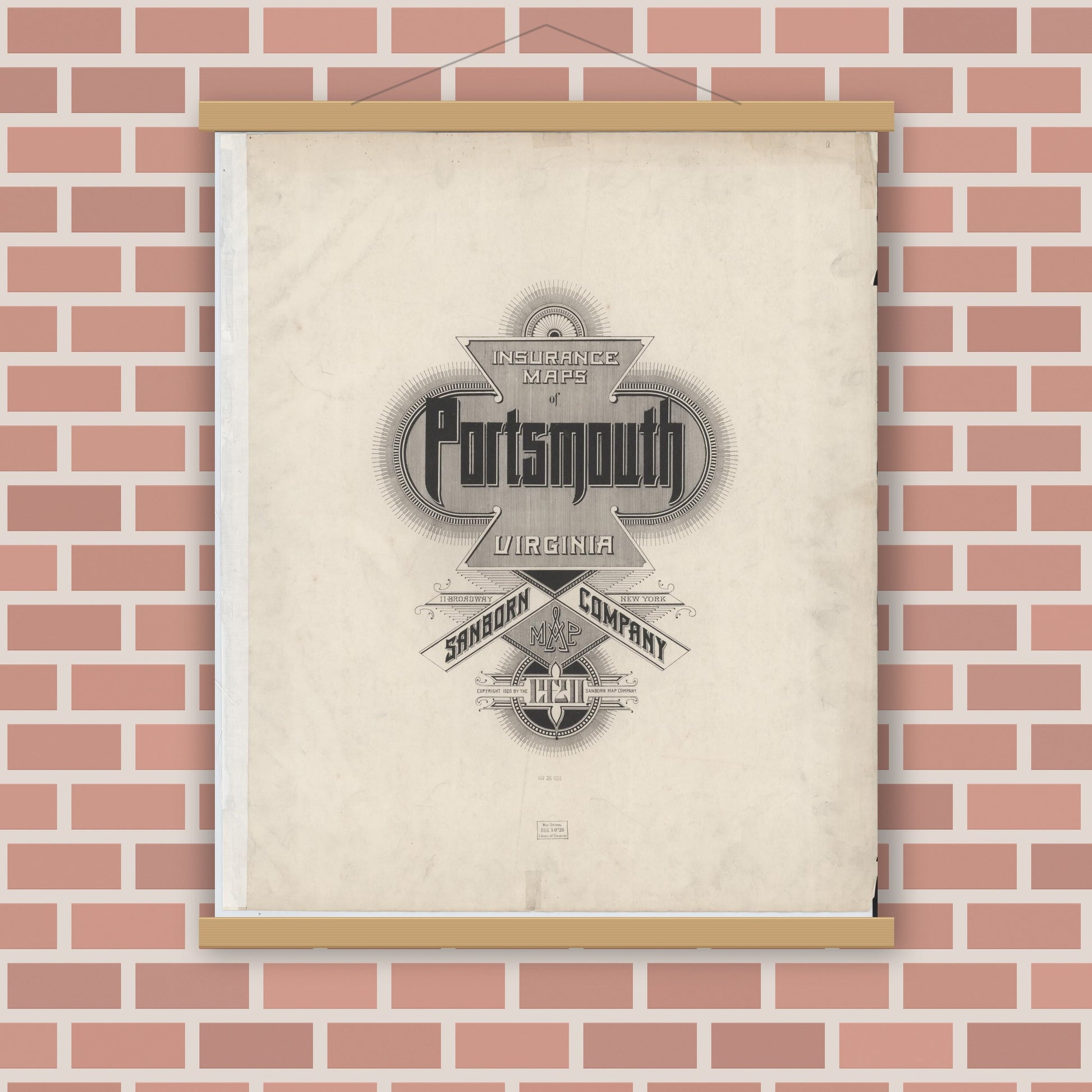 Old map wall art mockup — magnetic wood frame on brick wall — Sanborn Fire Insurance Map from Portsmouth, Independent Cities, Virginia (1920), Sheet #0001