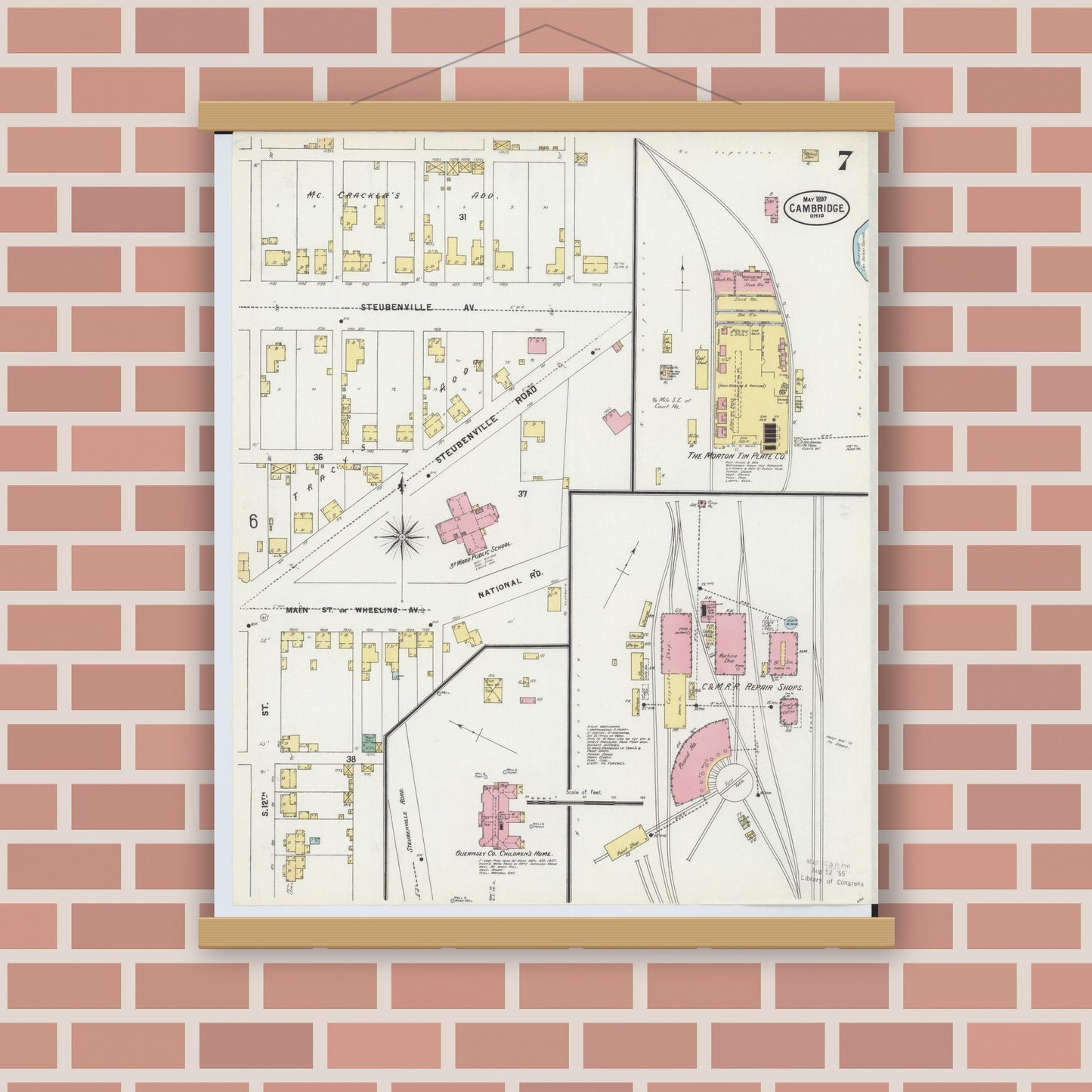 Old map wall art mockup — magnetic wood frame on brick wall — Sanborn Fire Insurance Map from Cambridge, Guernsey County, Ohio (1897), Sheet #0007
