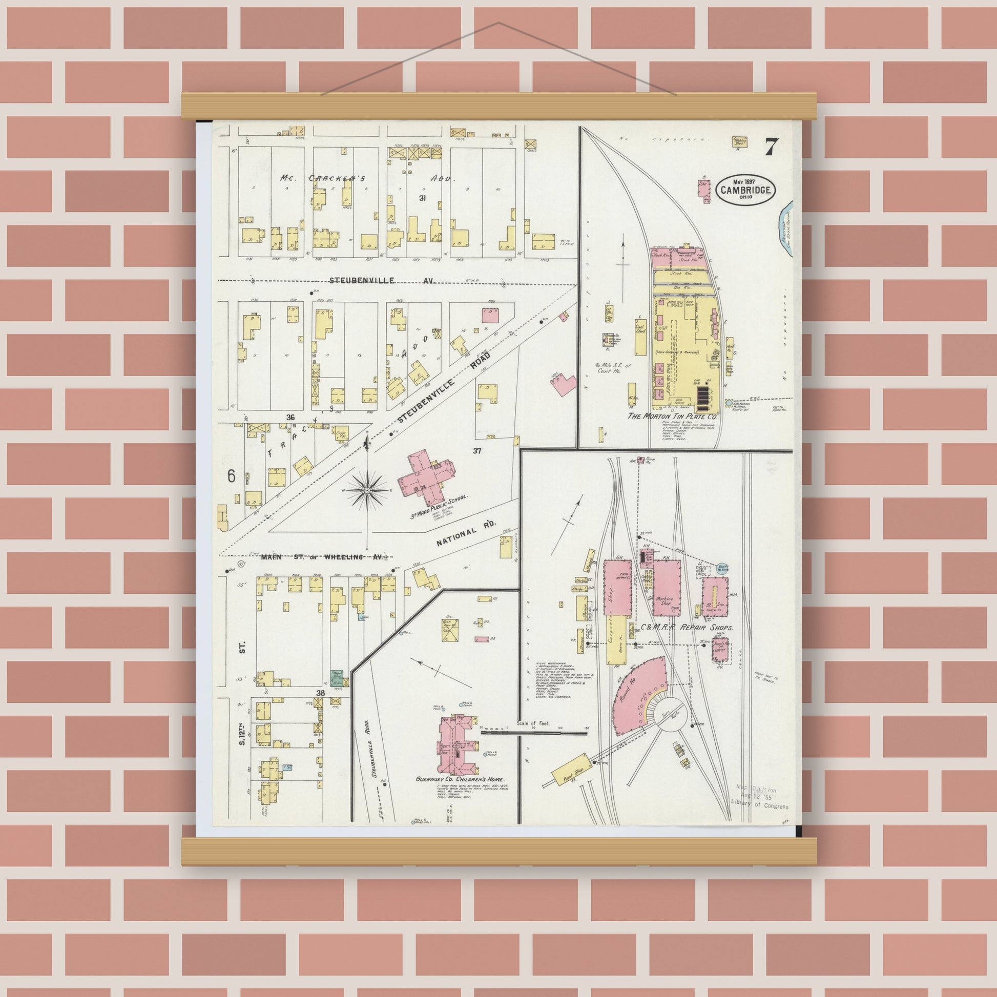 Old map wall art mockup — magnetic wood frame on brick wall — Sanborn Fire Insurance Map from Cambridge, Guernsey County, Ohio (1897), Sheet #0007