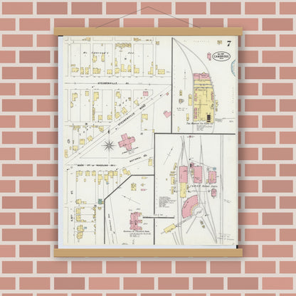 Old map wall art mockup — magnetic wood frame on brick wall — Sanborn Fire Insurance Map from Cambridge, Guernsey County, Ohio (1897), Sheet #0007