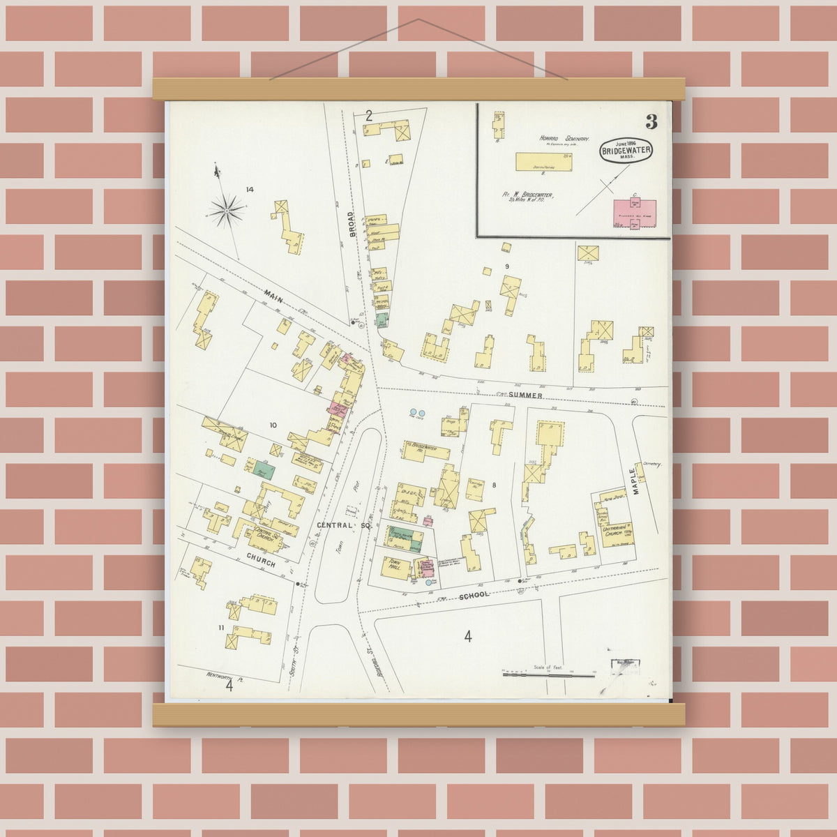 Old map wall art mockup — magnetic wood frame on brick wall — Sanborn Fire Insurance Map from Bridgewater, Plymouth County, Massachusetts (1896), Sheet #0003