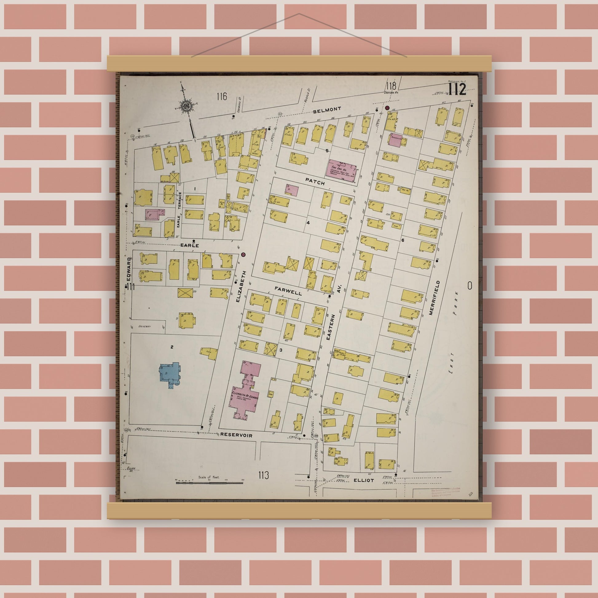 Old map wall art mockup — magnetic wood frame on brick wall — Sanborn Fire Insurance Map from Worcester, Worcester County, Massachusetts (1910), Sheet #0112