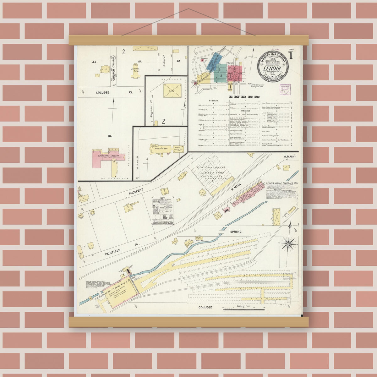Old map wall art mockup — magnetic wood frame on brick wall — Sanborn Fire Insurance Map from Lenoir, Caldwell County, North Carolina (1907) - Complete Map Set