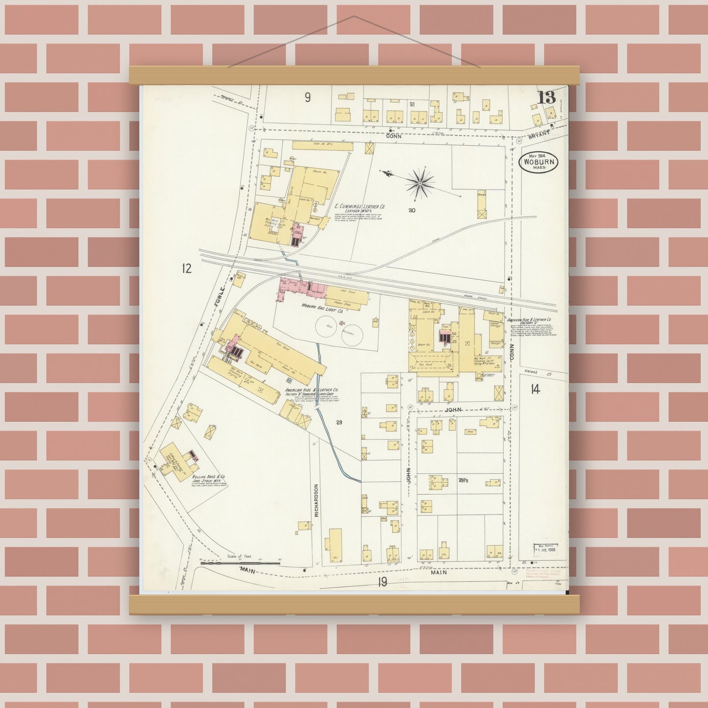 Old map wall art mockup — magnetic wood frame on brick wall — Sanborn Fire Insurance Map from Woburn, Middlesex County, Massachusetts (1904), Sheet #0013
