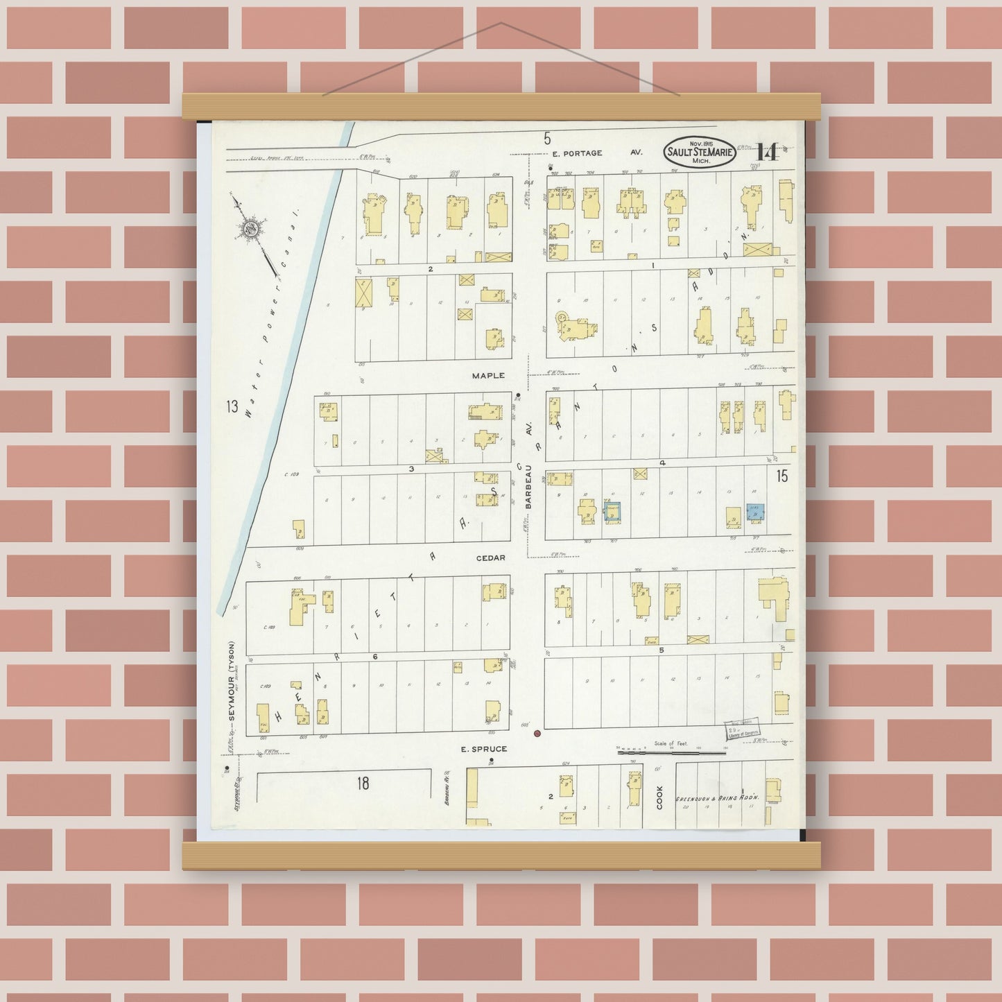 Old map wall art mockup — magnetic wood frame on brick wall — Sanborn Fire Insurance Map from Sault Sainte Marie, Chippewa County, Michigan (1915), Sheet #0014
