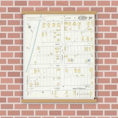 Old map wall art mockup — magnetic wood frame on brick wall — Sanborn Fire Insurance Map from Sault Sainte Marie, Chippewa County, Michigan (1915), Sheet #0014