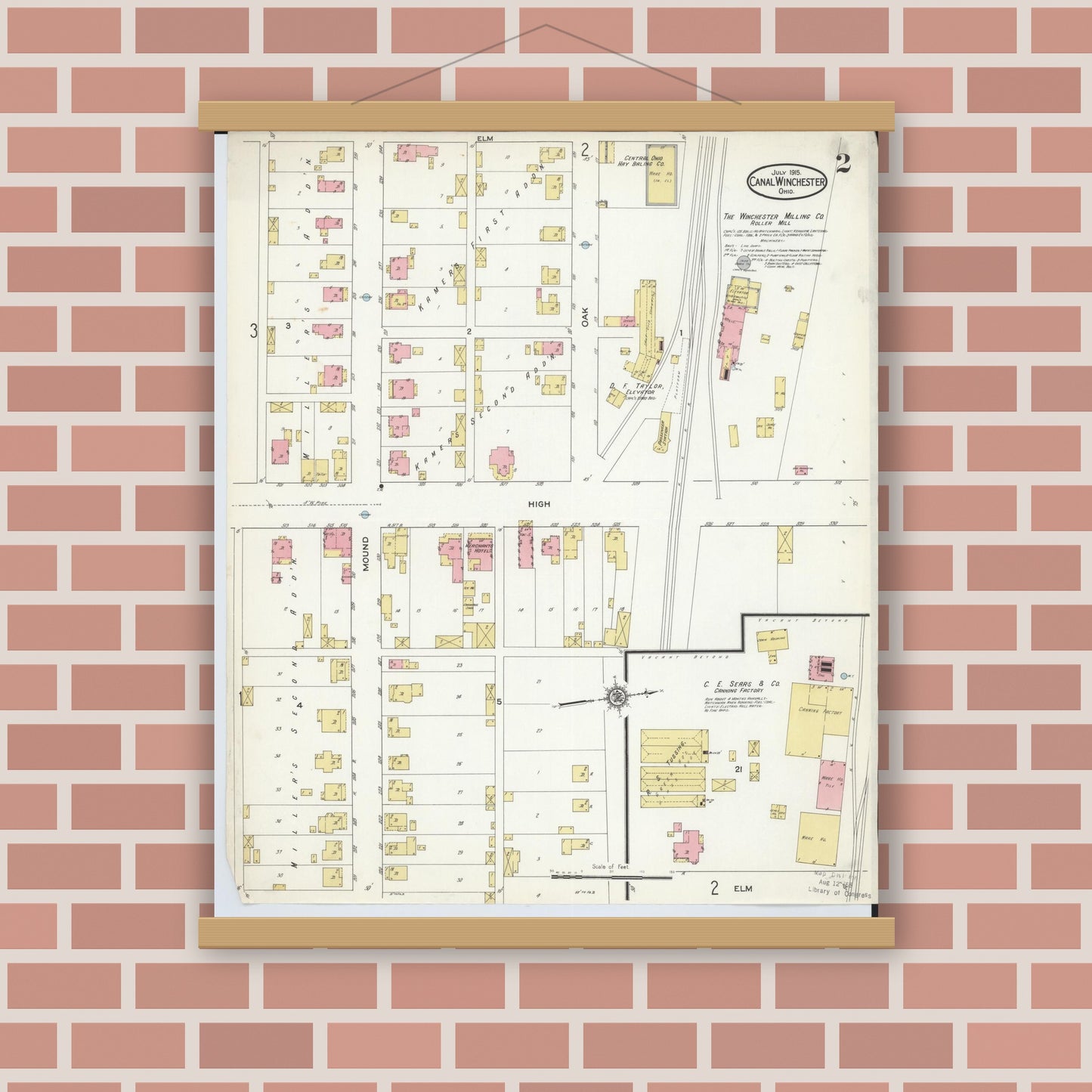 Old map wall art mockup — magnetic wood frame on brick wall — Sanborn Fire Insurance Map from Canal Winchester, Franklin County, Ohio (1915), Sheet #0002