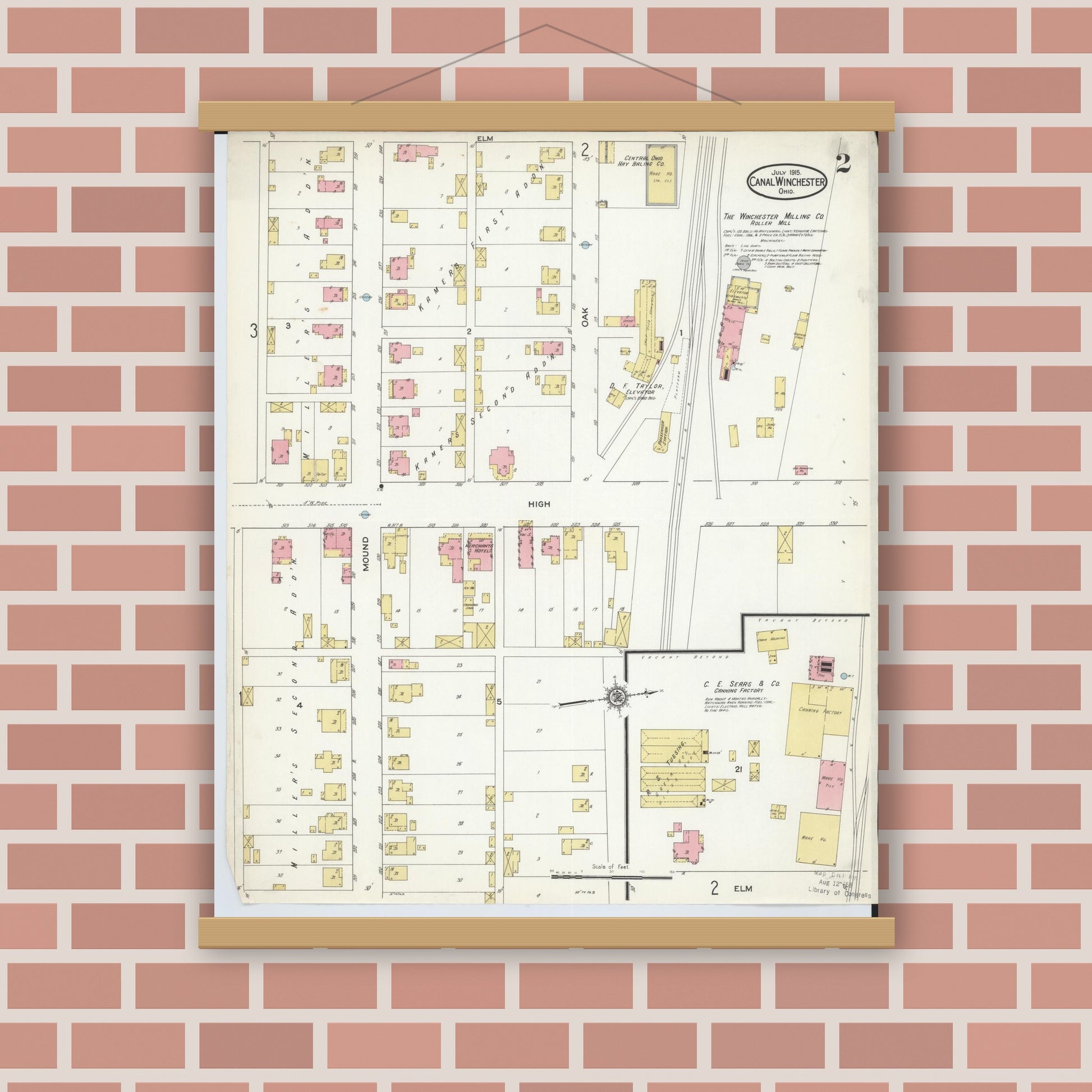 Old map wall art mockup — magnetic wood frame on brick wall — Sanborn Fire Insurance Map from Canal Winchester, Franklin County, Ohio (1915), Sheet #0002