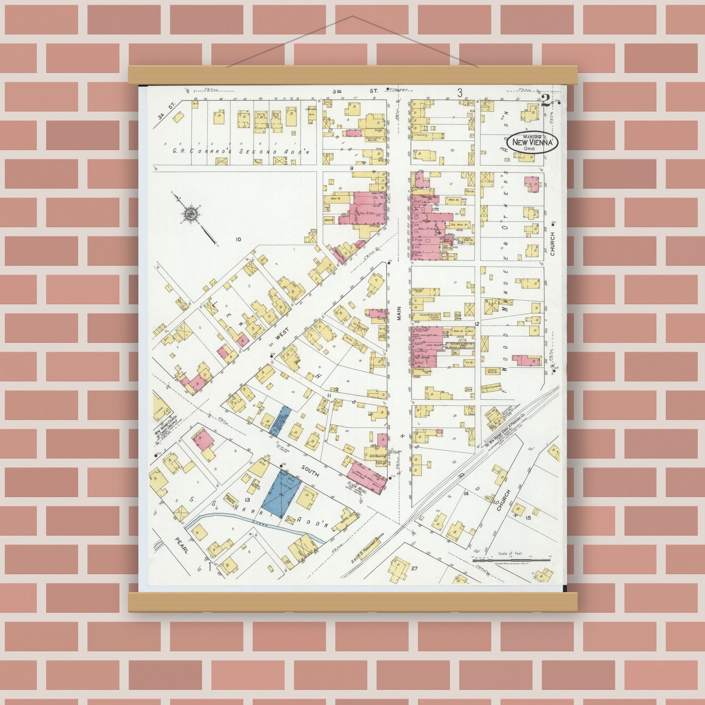 Old map wall art mockup — magnetic wood frame on brick wall — Sanborn Fire Insurance Map from New Vienna, Clinton County, Ohio (1919), Sheet #0002