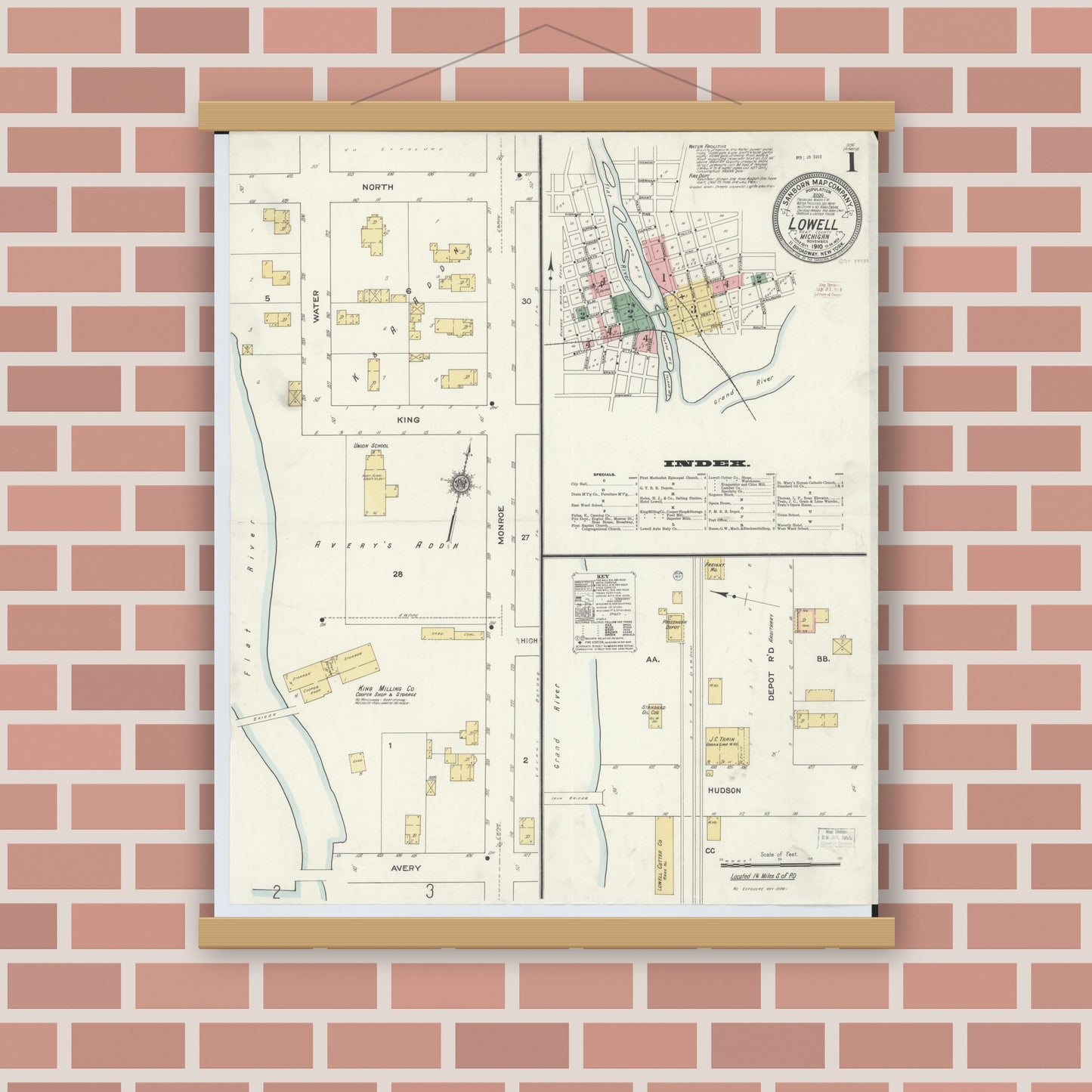 Old map wall art mockup — magnetic wood frame on brick wall — Sanborn Fire Insurance Map from Lowell, Kent County, Michigan (1910) - Complete Map Set